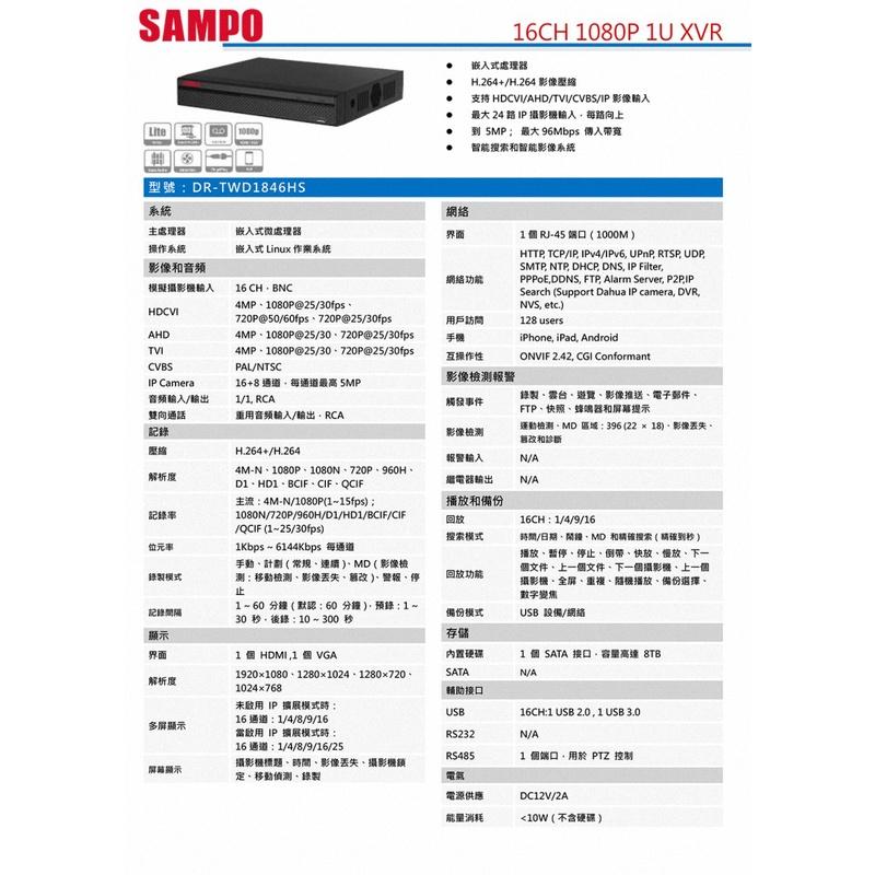 《公司貨含稅》SAMPO 聲寶 DR-TWD1846HS 16路監控主機-細節圖3