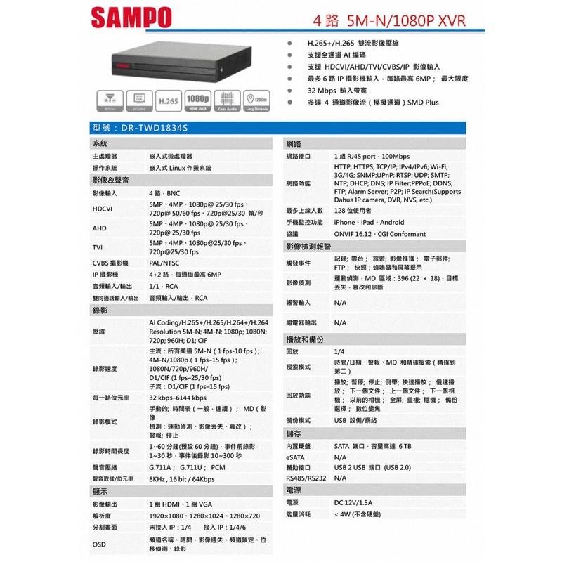 《公司貨含稅》SAMPO 聲寶 DR-TWD1834S 4路監控主機-細節圖3