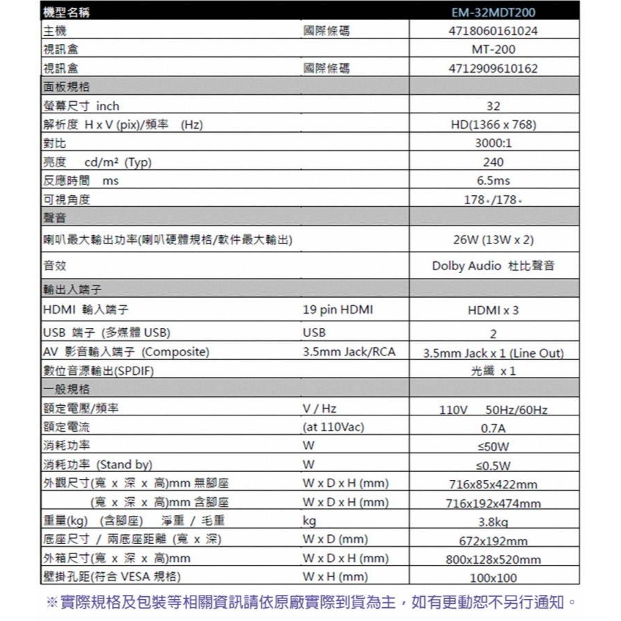 《公司貨含稅》SAMPO 聲寶 32型 EM-32MDT2000 2K轟天雷顯示器/電視(台灣製造)-細節圖5