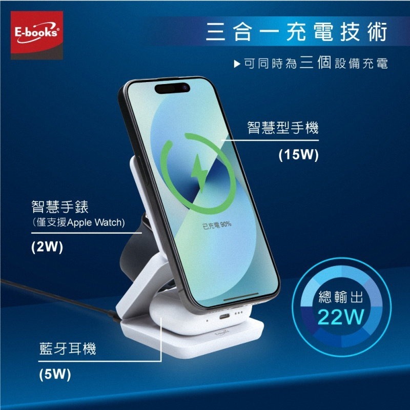 《公司貨含稅》E-books B98 22W三合一支架摺疊磁吸快充無線充電器【台灣製造】-細節圖5