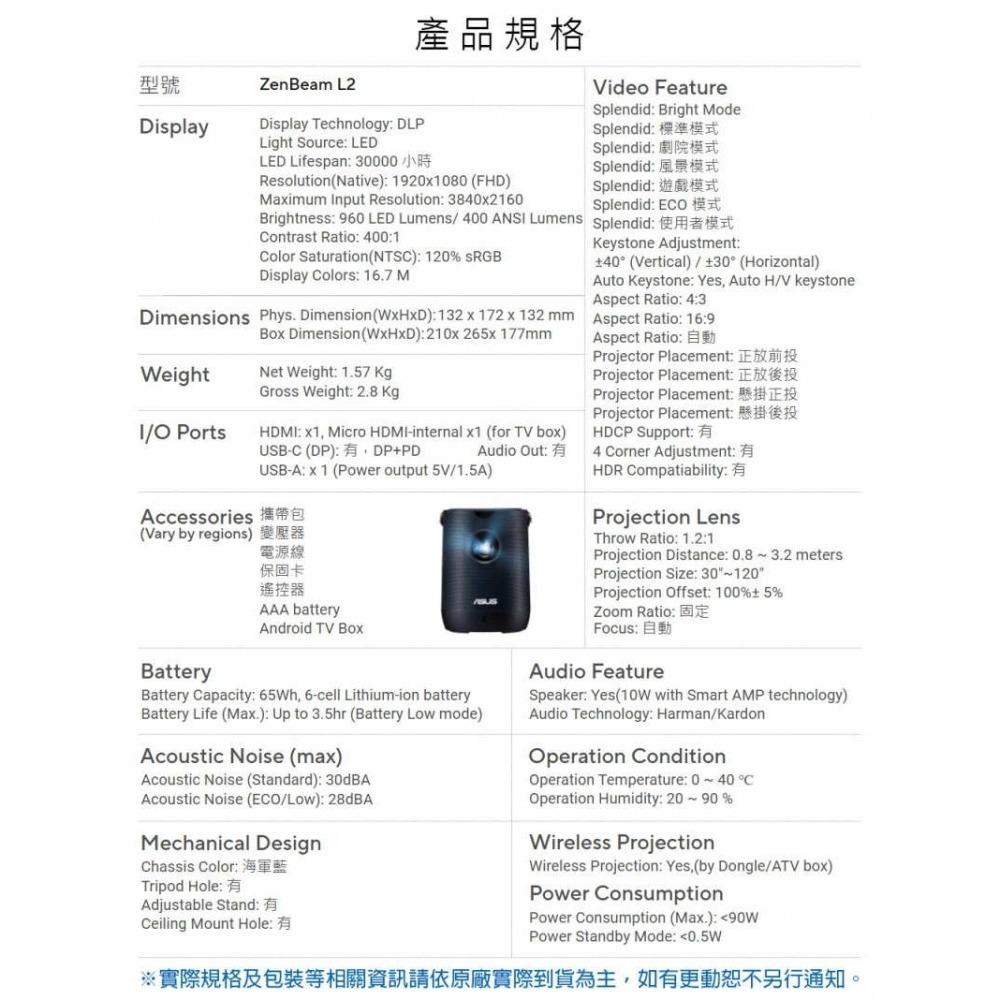 《公司貨含稅》ASUS ZenBeam L2 智慧型可攜式LED投影機(附Android TV電視盒)-細節圖10