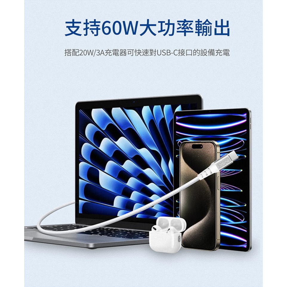 《公司貨含稅》MEGA KING C to C 60W 3A傳輸充電編織線(線長2m)-細節圖6
