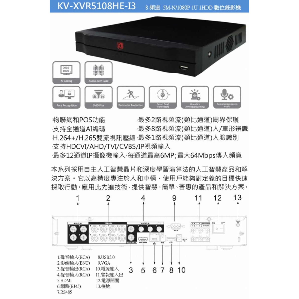 《公司貨含稅》KV KV-XVR-5108HE-I3 8路5M-N錄影機-細節圖3