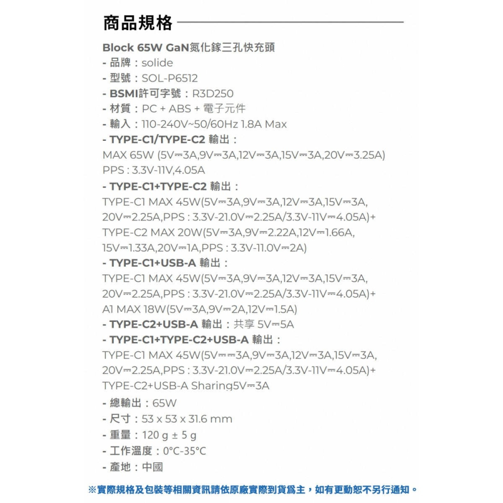 《公司貨含稅》(DJI NEO適用)Solide BLOCK 65W GaN氮化鎵三孔快速充電器-細節圖9