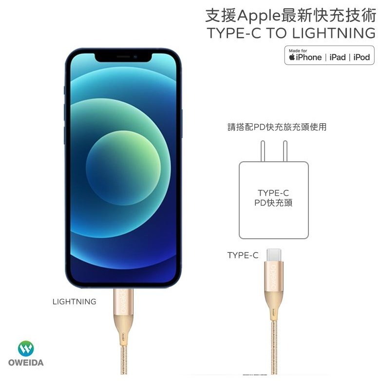 Oweida MFI認證 Type-C to Lightning 高速編織線 快充線 150cm-細節圖4