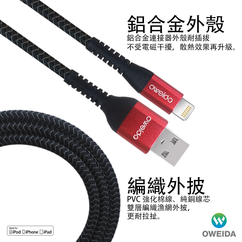 Oweida MFI認證 USB to Lightning 5A快充編織漁網線 150公分-細節圖2