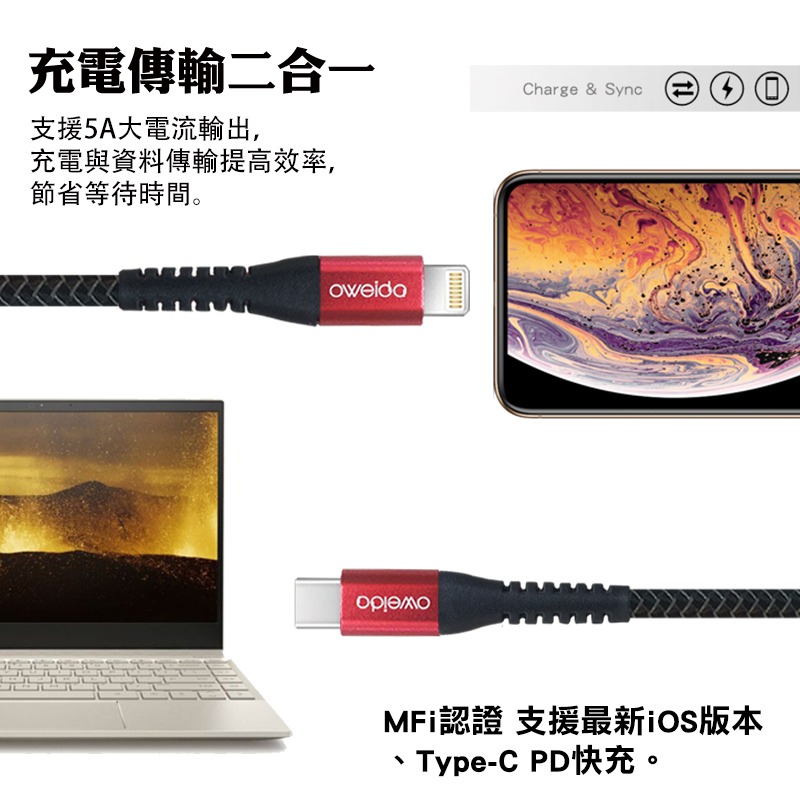 Oweida MFI認證 USB to Lightning 5A快充編織漁網線 150公分-細節圖3