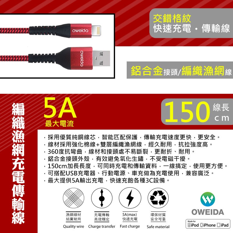 Oweida MFI認證 USB to Lightning 5A快充編織漁網線 150公分-細節圖4