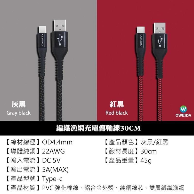 Oweida Type-C 5A編織漁網快充線 充電線 傳輸線 30cm 短線-細節圖8