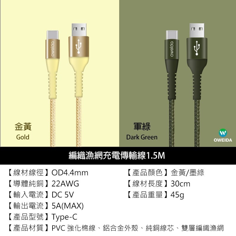 Oweida Type-C 5A編織漁網快充線 充電線 傳輸線 30cm 短線-細節圖9