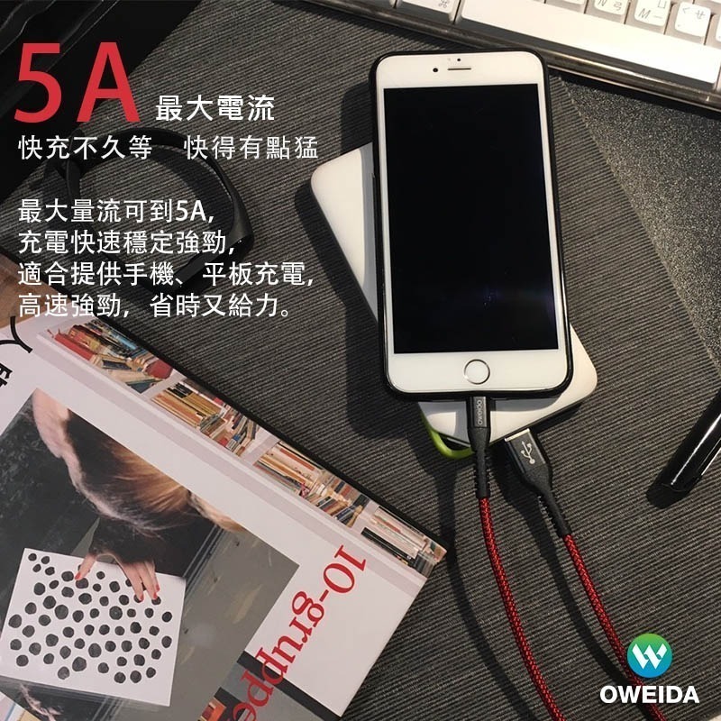 Oweida USB to iPhone編織漁網快充線 5A 充電線 傳輸線 150cm-細節圖5