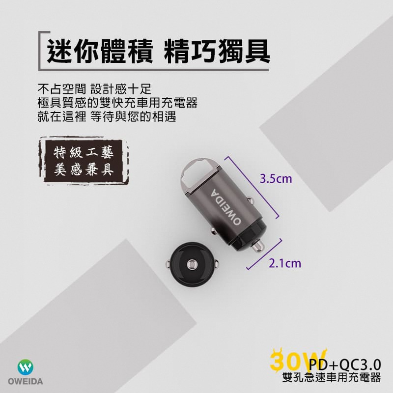 Oweida 30W PD+QC3.0 雙孔急速車用充電器 USB車充 Type-C車充-細節圖4