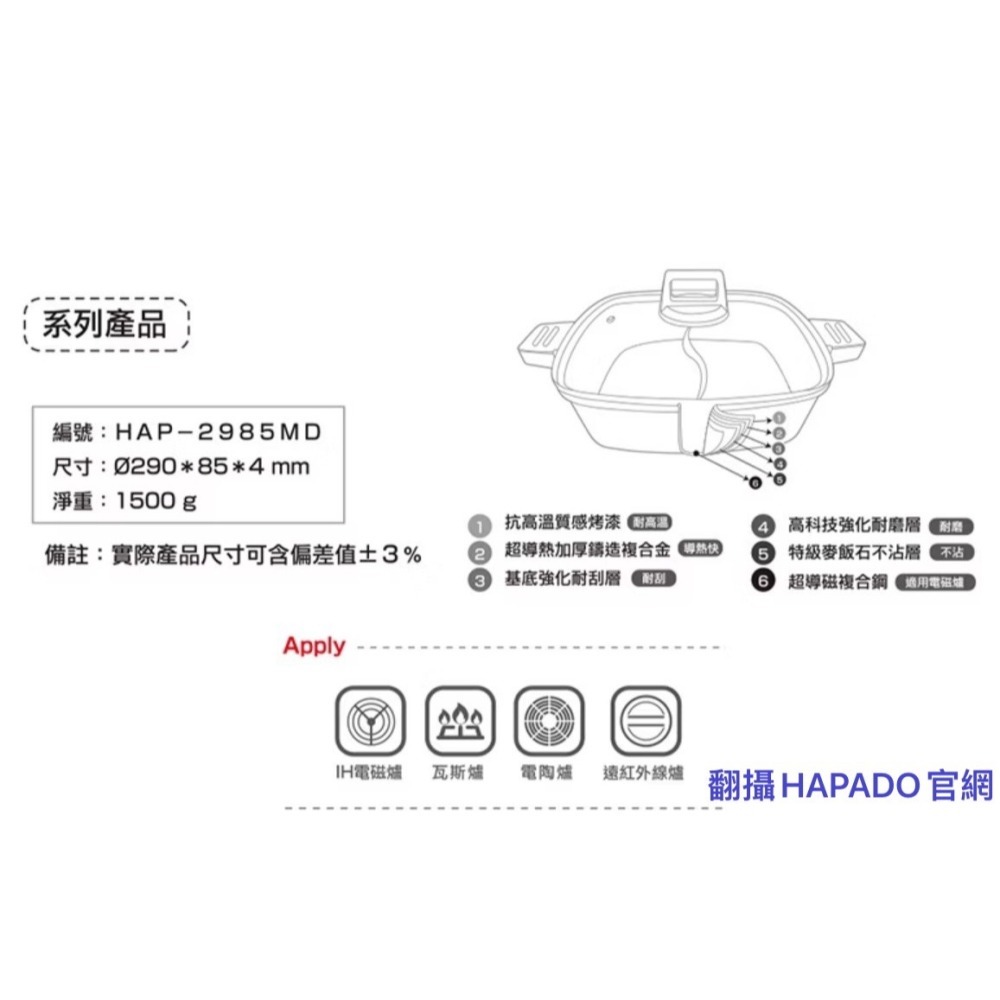 【瑞士HAPADO】麥飯石系列~不沾方形鴛鴦鍋(HAP-2985)-細節圖3