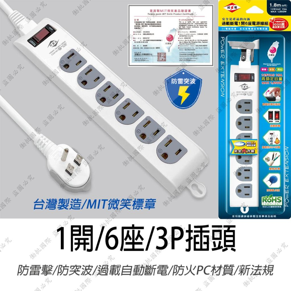 【隔日配+宅配到付】台製延長線 保固一年 過載自動斷電 壁插 6孔插座 4孔插座 開關插座 6孔延長線 4孔延長線 威電-細節圖3