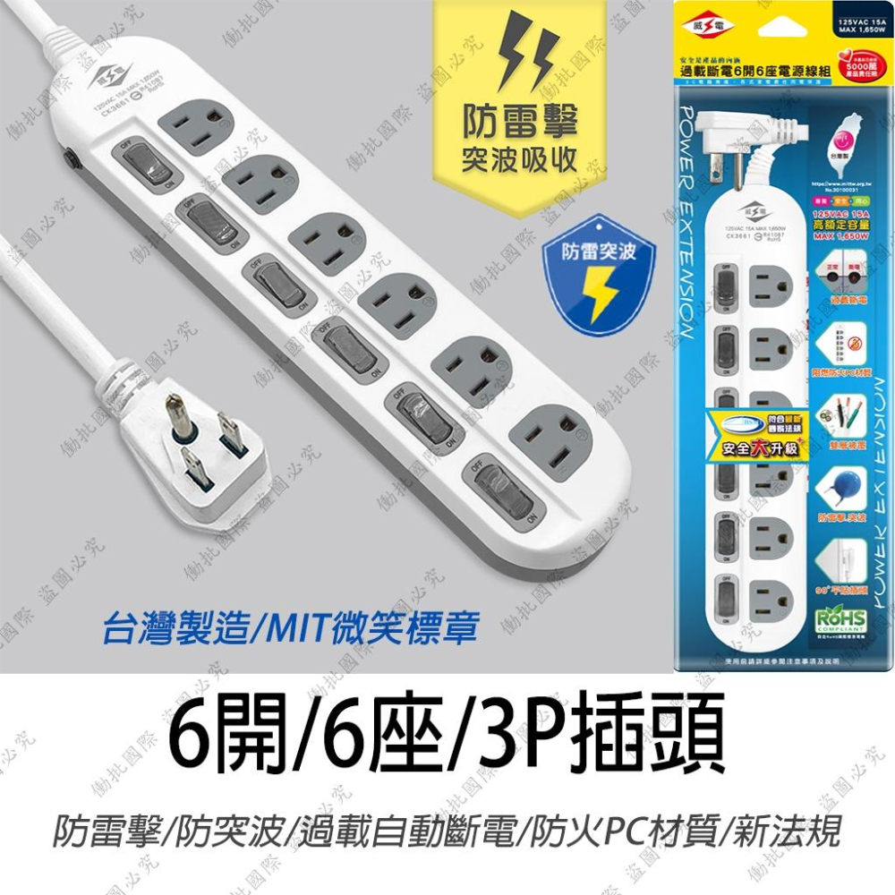 【隔日配+宅配到付】台製延長線 保固一年 過載自動斷電 壁插 6孔插座 4孔插座 開關插座 6孔延長線 4孔延長線 威電-細節圖5