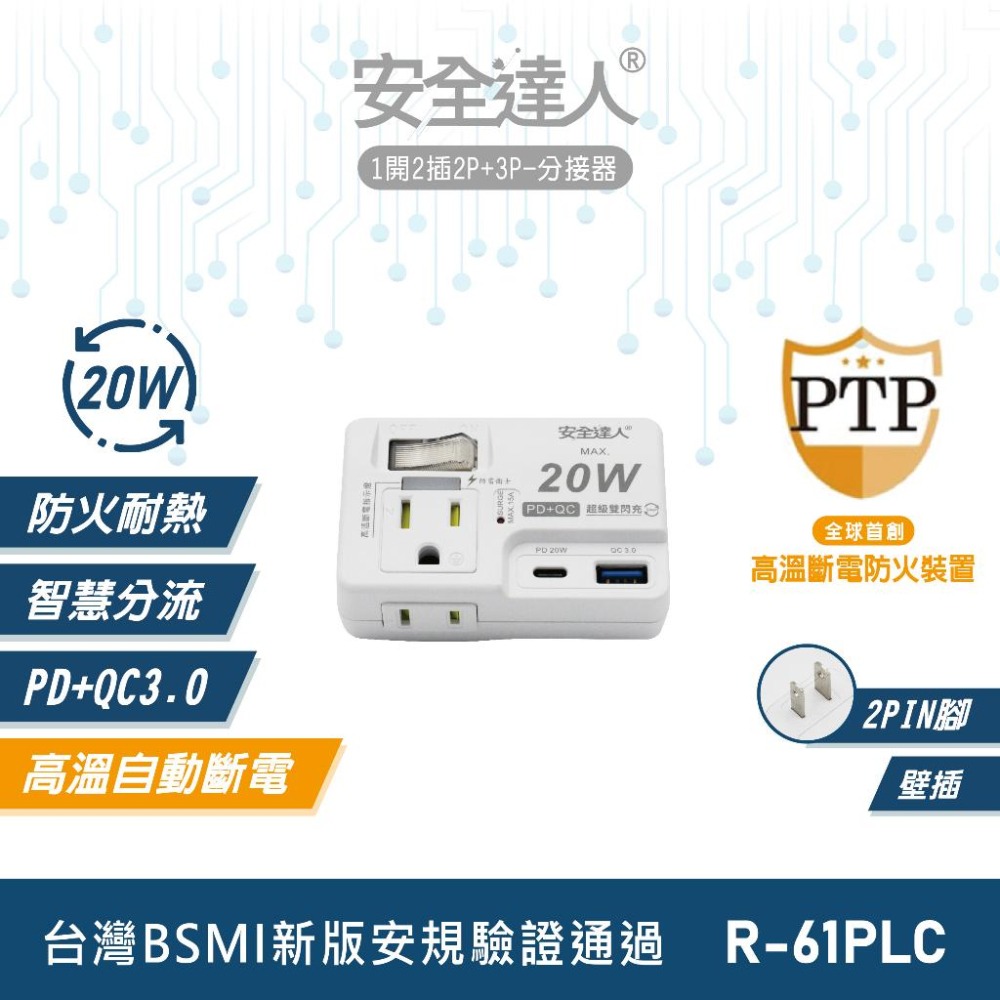 🚚原廠授權經銷商，現貨附發票🏪 R-61PLC安全 壁插 分接器 壁插 快充 USB 插座 快充頭 豆腐頭 typeC-細節圖2