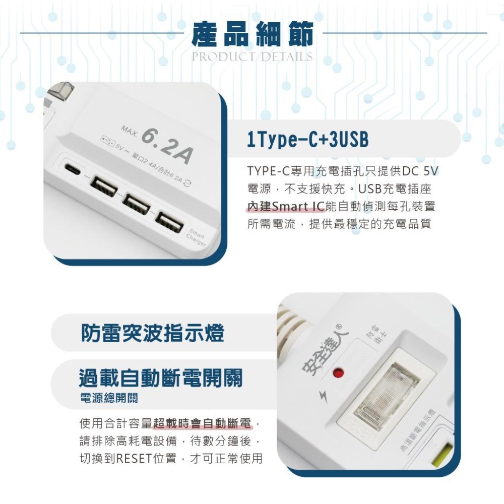 【台南現貨C-67LCU】4開3插3P 6.2A USB延長線 1TYPE-C 插座 延長線 安全裝置 安全開關 快充-細節圖5