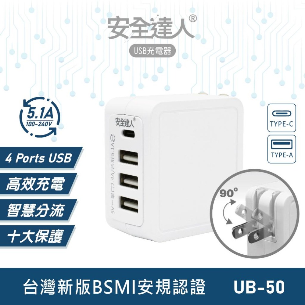 🚚原廠授權經銷商，現貨附發票🏪 UB-50旅行 1TYPE-C 3USB USB充電器 USB   豆腐頭 插座 快充頭-細節圖2