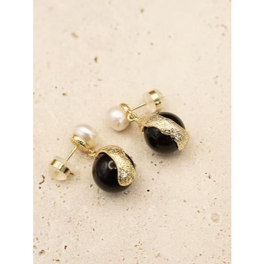 【lapela】💎 時來運轉黑瑪瑙珍珠耳環 S925銀飾 飾品 天然淡水珍珠 情人節禮物-細節圖2