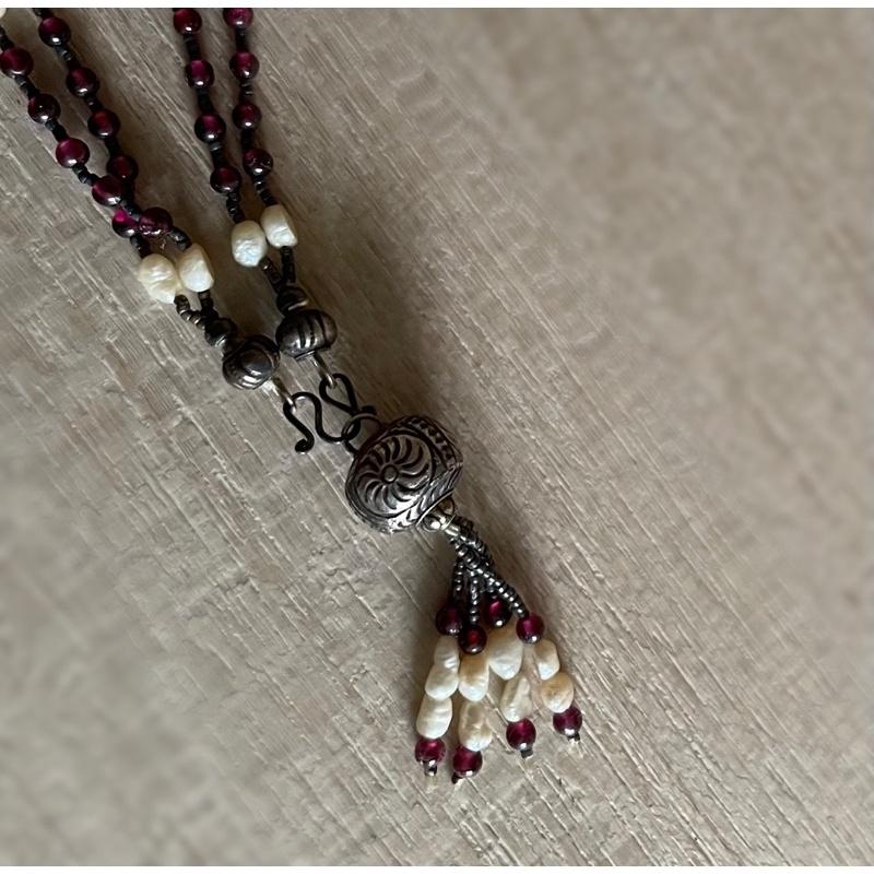 紫水晶項鍊水晶天然無核野生珍珠老銀 銀 吉普賽風民族風毛衣鏈長項鍊｛Thistle Vintage}-細節圖3