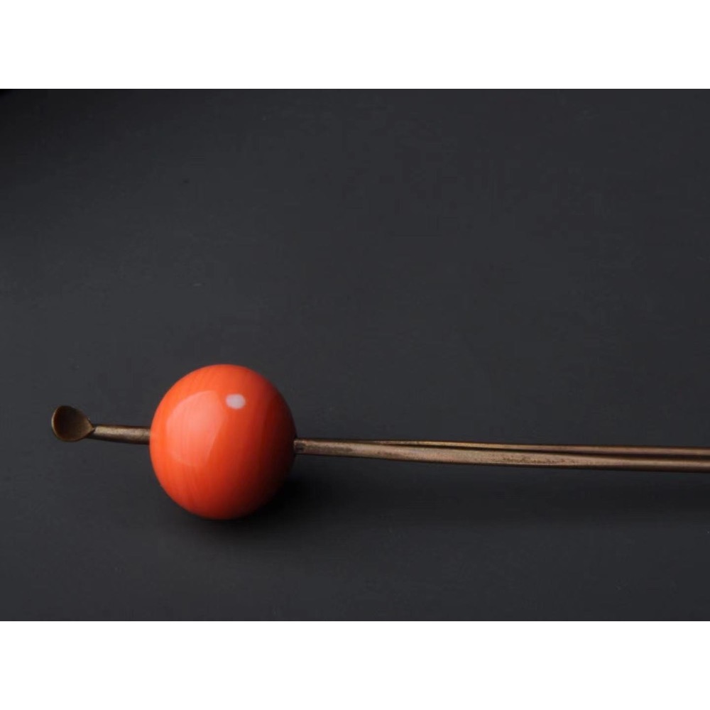 Thistle Vintage✨珍稀日本京都百年古董✨橘色MOMO珊瑚色老琉璃耳挖髮簪✨-細節圖2