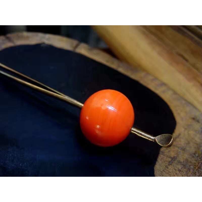 Thistle Vintage✨珍稀日本京都百年古董✨橘色MOMO珊瑚色老琉璃耳挖髮簪✨-細節圖3