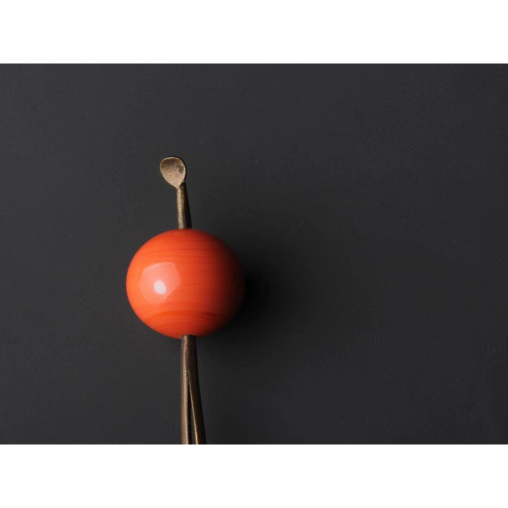 Thistle Vintage✨珍稀日本京都百年古董✨橘色MOMO珊瑚色老琉璃耳挖髮簪✨-細節圖5