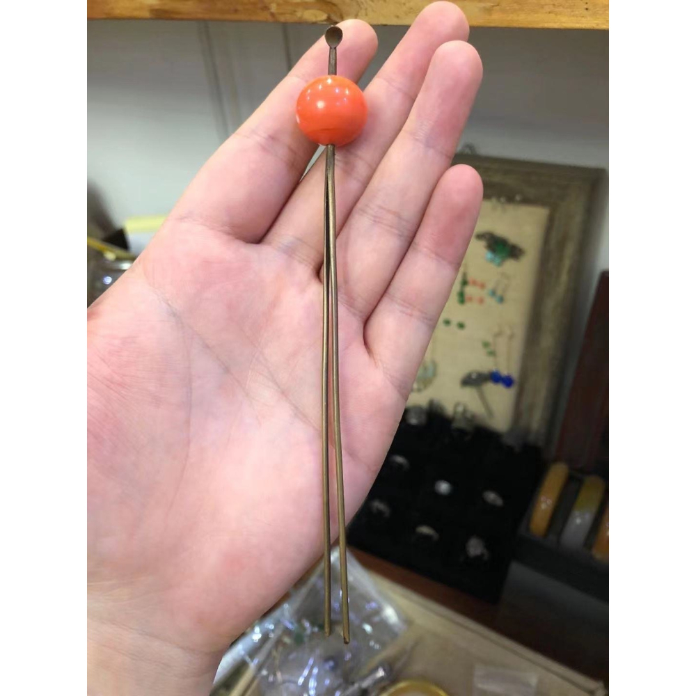 Thistle Vintage✨珍稀日本京都百年古董✨橘色MOMO珊瑚色老琉璃耳挖髮簪✨-細節圖6