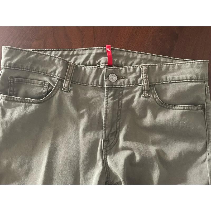 優衣庫Uniqlo 較高階的系列UJ 系列 獨特淺橄欖綠灰色 單寧棉長褲 做舊牛仔褲 日本獨發 日文標籤 腰修身窄褲管-細節圖5