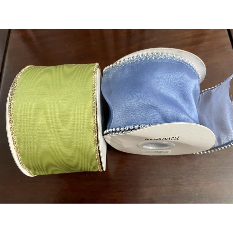 古早台灣製絕版孤品復古綠金邊水波紋 水藍紗鑲銀珠 兩寬版緞帶 寬 6.2cm 禮盒包裝 佈置裝飾超大方浪漫緞帶-細節圖2