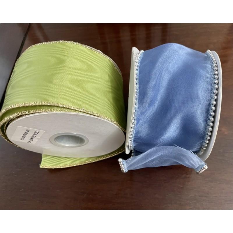 古早台灣製絕版孤品復古綠金邊水波紋 水藍紗鑲銀珠 兩寬版緞帶 寬 6.2cm 禮盒包裝 佈置裝飾超大方浪漫緞帶-細節圖3