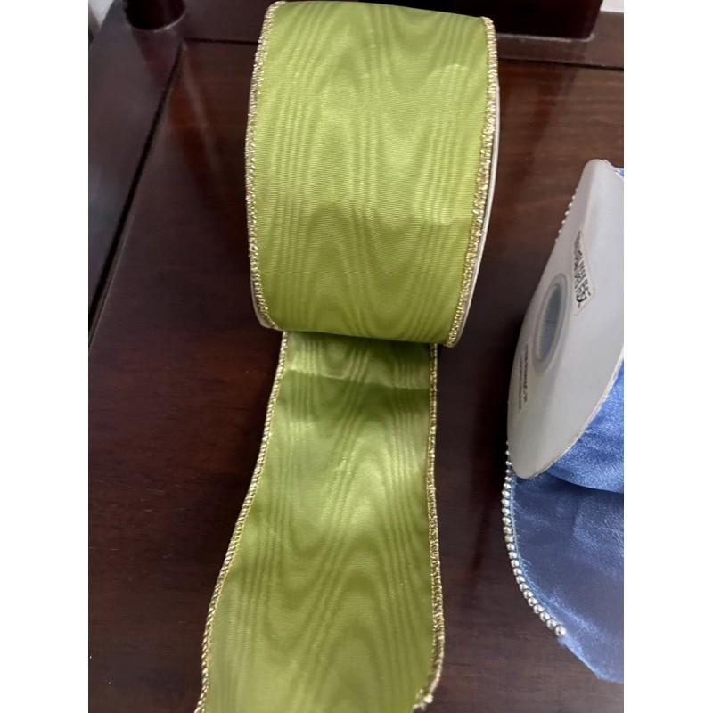 古早台灣製絕版孤品復古綠金邊水波紋 水藍紗鑲銀珠 兩寬版緞帶 寬 6.2cm 禮盒包裝 佈置裝飾超大方浪漫緞帶-細節圖5