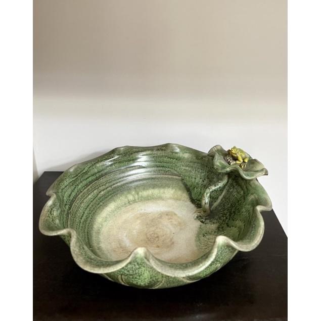 1980年代鶯歌乾圓坊手拉陶瓷手拉胚手工1⃣️荷塘蛙鳴綠荷葉造型青蛙聚寶盆大號2⃣️步步高升插花陶瓷花盆造景花器花瓶盆器-細節圖4