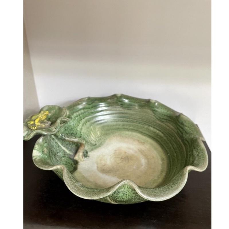 1980年代鶯歌乾圓坊手拉陶瓷手拉胚手工1⃣️荷塘蛙鳴綠荷葉造型青蛙聚寶盆大號2⃣️步步高升插花陶瓷花盆造景花器花瓶盆器-細節圖5