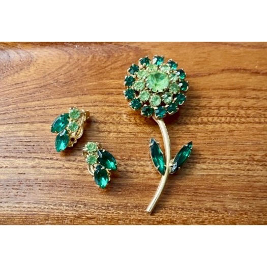 Thistle Vintage✨百年捷克水晶 花朵胸針＋耳夾套組✨施華洛世奇前輩級的傳奇工藝✨夜晚天然螢光-細節圖6