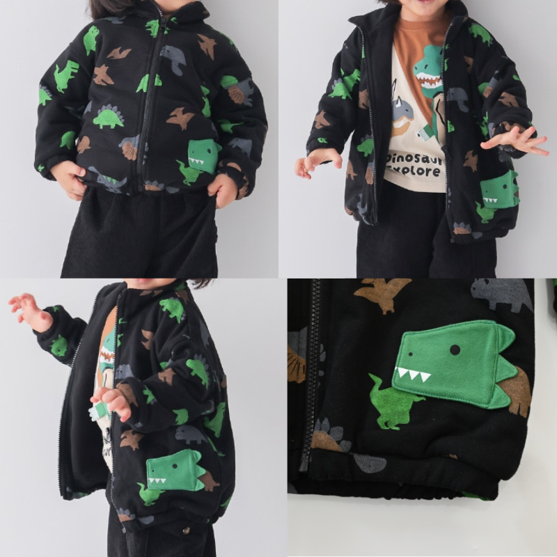 現貨 | 🇯🇵 日系童裝 CHEEK ROOM 知育服 🦕滿印恐龍 搖粒絨外套 加厚保暖 恐龍口袋 內刷毛-細節圖2