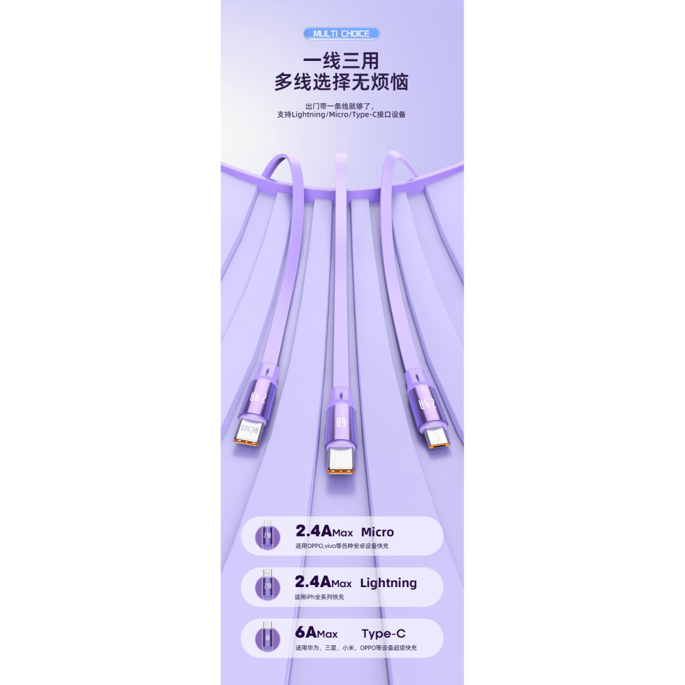 TypeC一拖三 卡斐樂伸縮數據線超級快充6A適用於華為蘋果充電線雙拉 (1.2M)-細節圖7