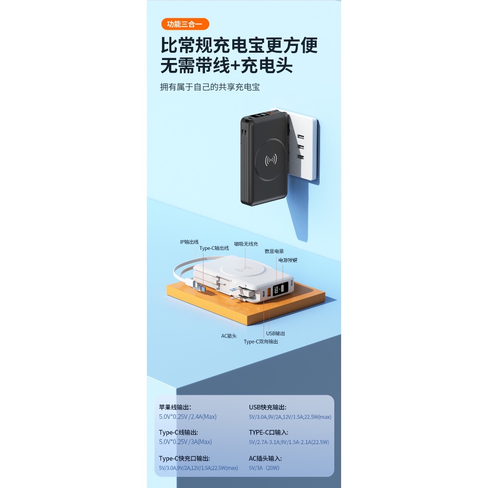 磁吸無線充電寶大容量20000毫安自帶線插頭移動電源支持快充-細節圖9