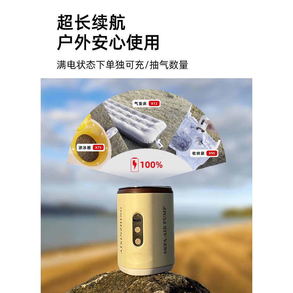 (買即送4尺寸真空收納袋) 戶外多功能便攜電動迷你泵帶照明帶燈鋰電長續航氣墊無線抽充氣泵-細節圖10