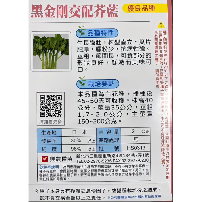 愛上種子 芥蘭 芥蘭 黑金剛交配芥蘭 興農種苗 種子 白花品種  每包約2公克 產地：日本  廣泛使用在蠔油芥藍料理上-細節圖2