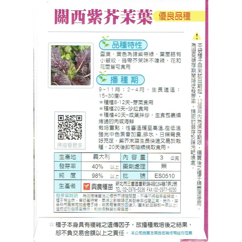 愛上種子 關西紫芥茉葉 興農牌種子 每包3公克 可生食 全年可播種-細節圖2