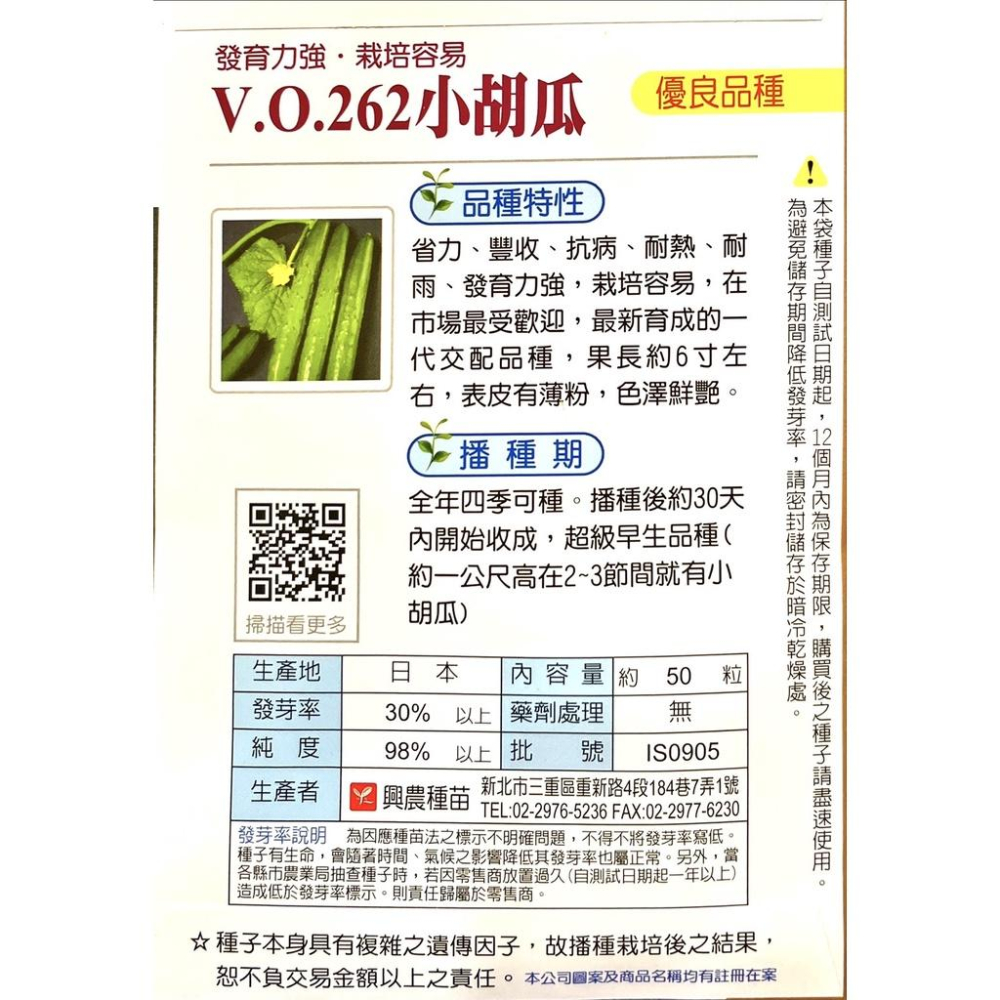愛上種子 小胡瓜 小黃瓜(262超級極早生小胡瓜) 全新日本進口【蔬果種子】興農牌中包裝 每包約50粒 四季可栽種-細節圖2