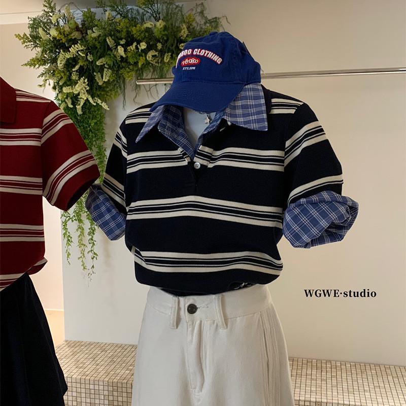 現貨 / 【WGWE】韓系減齡學院風polo領短上衣條紋撞色翻領短袖T恤  polo上衣W3750#  GLP-細節圖3