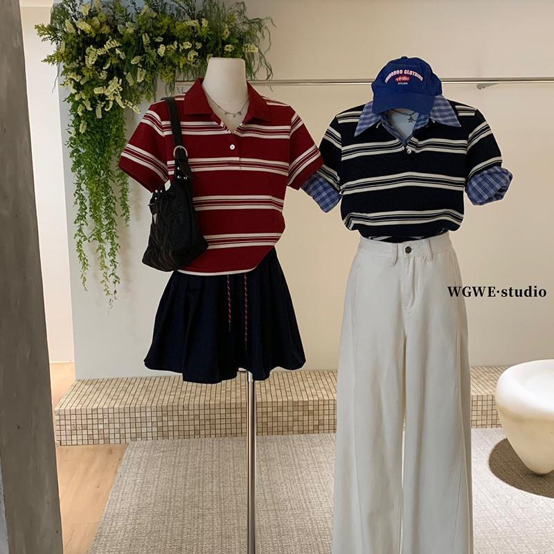 現貨 / 【WGWE】韓系減齡學院風polo領短上衣條紋撞色翻領短袖T恤  polo上衣W3750#  GLP-細節圖4