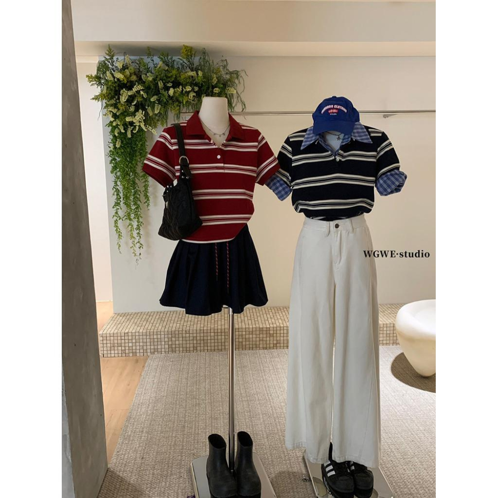 現貨 / 【WGWE】韓系減齡學院風polo領短上衣條紋撞色翻領短袖T恤  polo上衣W3750#  GLP-細節圖8