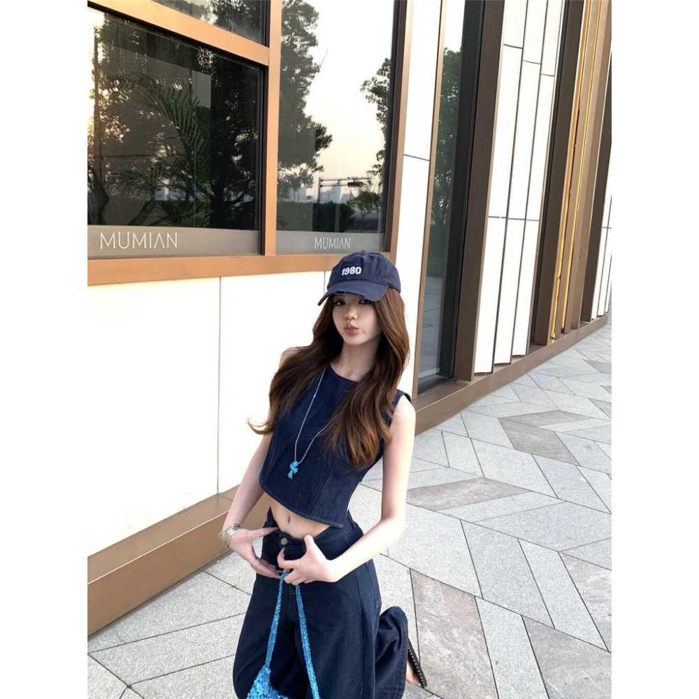 現貨 / 露背綁帶牛仔背心+直筒褲女復古兩件套套裝 5707-細節圖2