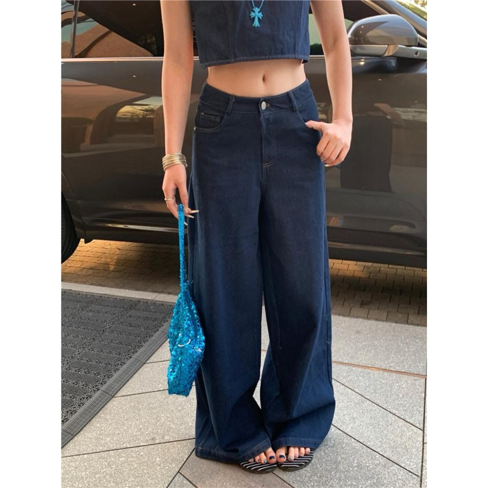 現貨 / 露背綁帶牛仔背心+直筒褲女復古兩件套套裝 5707-細節圖3