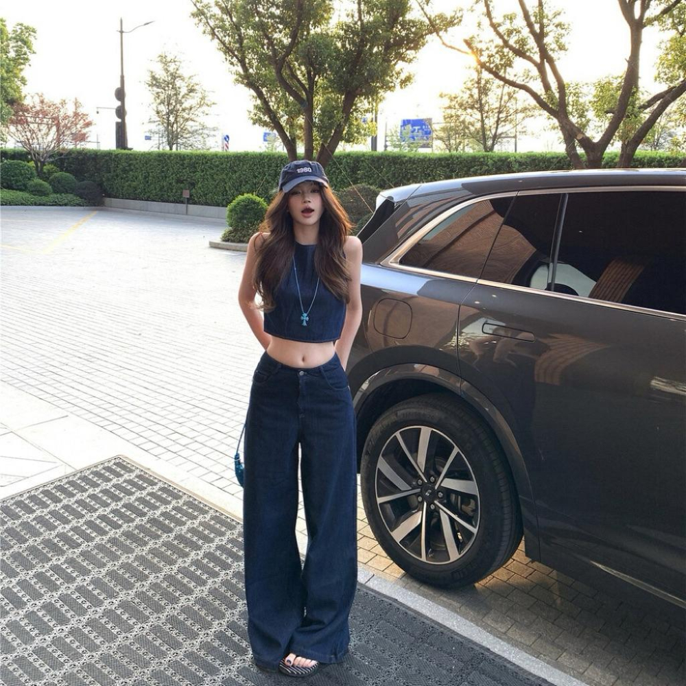 現貨 / 露背綁帶牛仔背心+直筒褲女復古兩件套套裝 5707-細節圖5