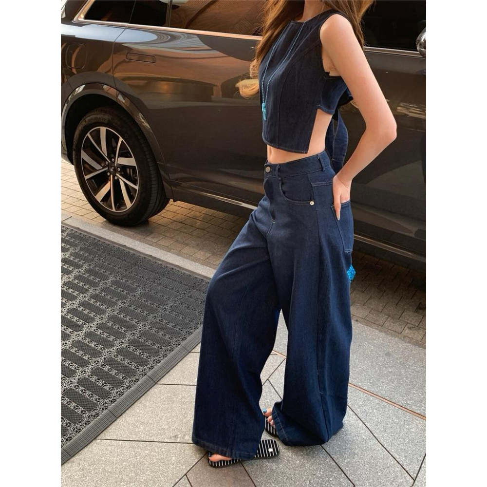 現貨 / 露背綁帶牛仔背心+直筒褲女復古兩件套套裝 5707-細節圖6
