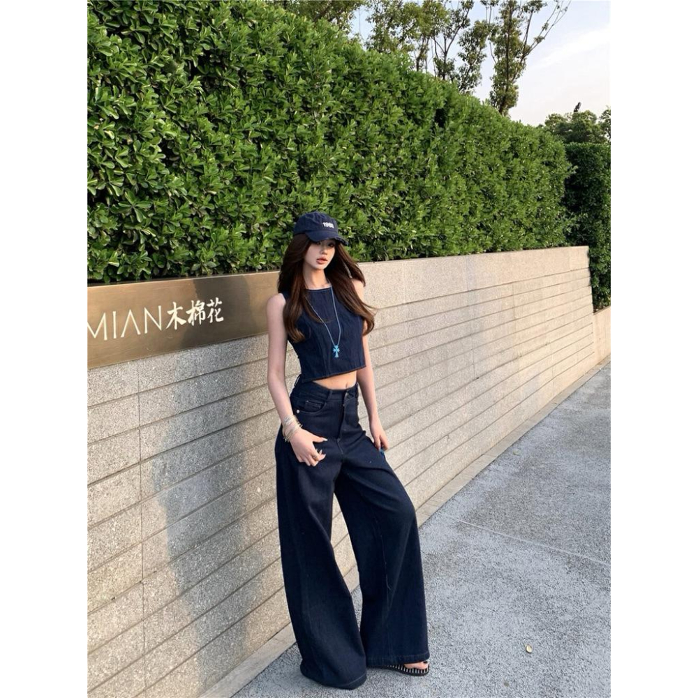 現貨 / 露背綁帶牛仔背心+直筒褲女復古兩件套套裝 5707-細節圖7